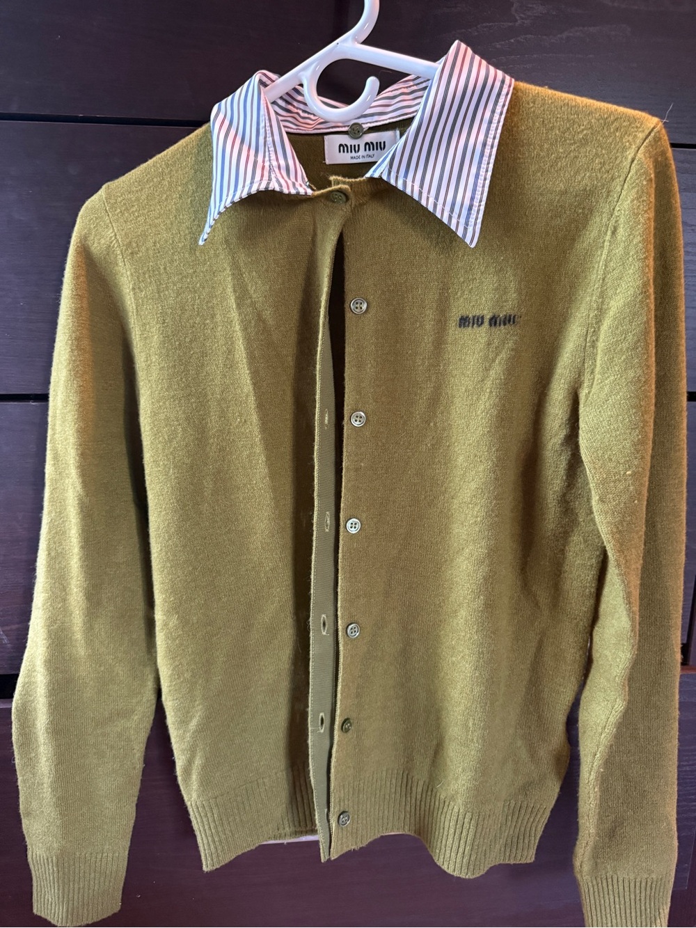 Miu Miu Olive Green Knit Cardigan with Striped Shirt Collar